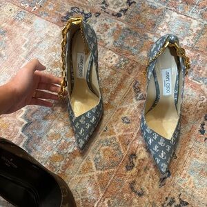 Jimmy Choo Gray Patterned Heels with Gold Chain